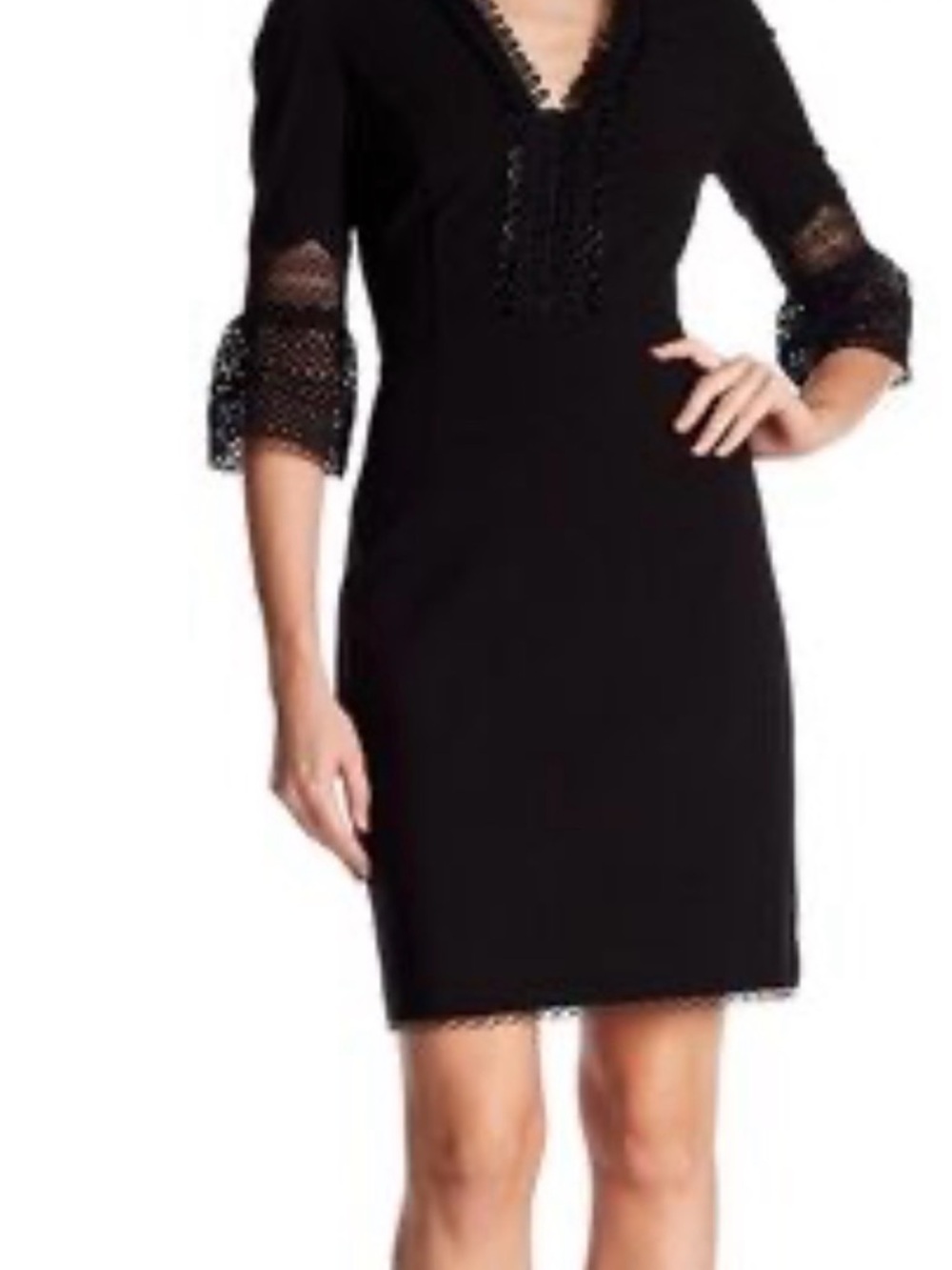 T Tahari Black V-Neck Lace-Trim Mini Dress